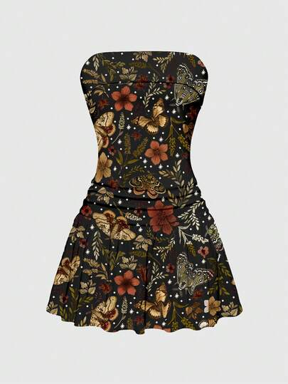 Fairycore Dark Mori Style Butterfly & Leaf Print Sexy Bodycon Low Waist Ruched A-Line Dress For Women, Autumn/Winter