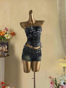 Attitoon Women's Slogan Print Fitted Bandeau Top With Side Drawstring - Multicolor - View 7