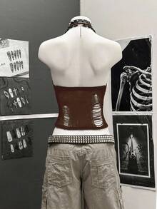 StreetHx 街头风女款纯黑色镂空钩针无袖针织上衣 - 咖啡棕 - 查看 2