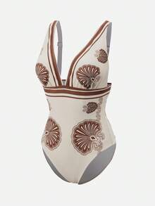Swim Oasis Women's Shell & Ocean Boho Vintage Tummy Control One-Piece Swimsuit With Coverup, Brown, Suitable For Beach, Resort - Multicolor - View 5