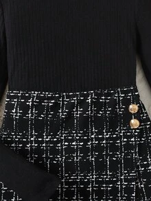 少女修身休闲简约舒适高领毛衣和格子迷你裙套装 - 黑色 - 查看 4