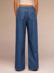 SHEIN Forever 21 Quần jeans ống đứng màu xanh đậm, cạp bất đối xứng, thoải mái cho mùa tựu trường - Rửa tối - Xem 2