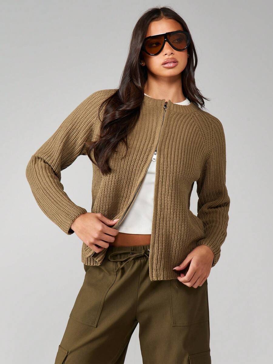 MISSGUIDED Women's Zip Through Ribbed Knit Cardigan With Round Neckline And Long Sleeves For Fall Winter Layering - Olive Green - View 1