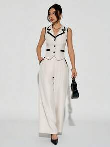 SHEIN PETITE 女士优雅通勤撞色饰边背心裤套装 F，所有女士服装，返校季，教师装，优雅婚礼宾客礼服，商务休闲女装，优雅婚礼宾客礼服，复古风格女装，女士纽扣衬衫，秋冬季 - 白色 - 查看 11