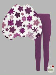 SHEIN Leap Crew 2pcs Tween Girl Casual Autumn Floral Print Sweatshirt And Leggings Set, Purple, Suitable For Autumn/Winter Girl Winter Clothes Teen Girls Sets Sweat Sets Tweens Comfy Kids Purple Outfit Tween Girl Purple Outfit Tween Leggings Set - Multicolor - View 4