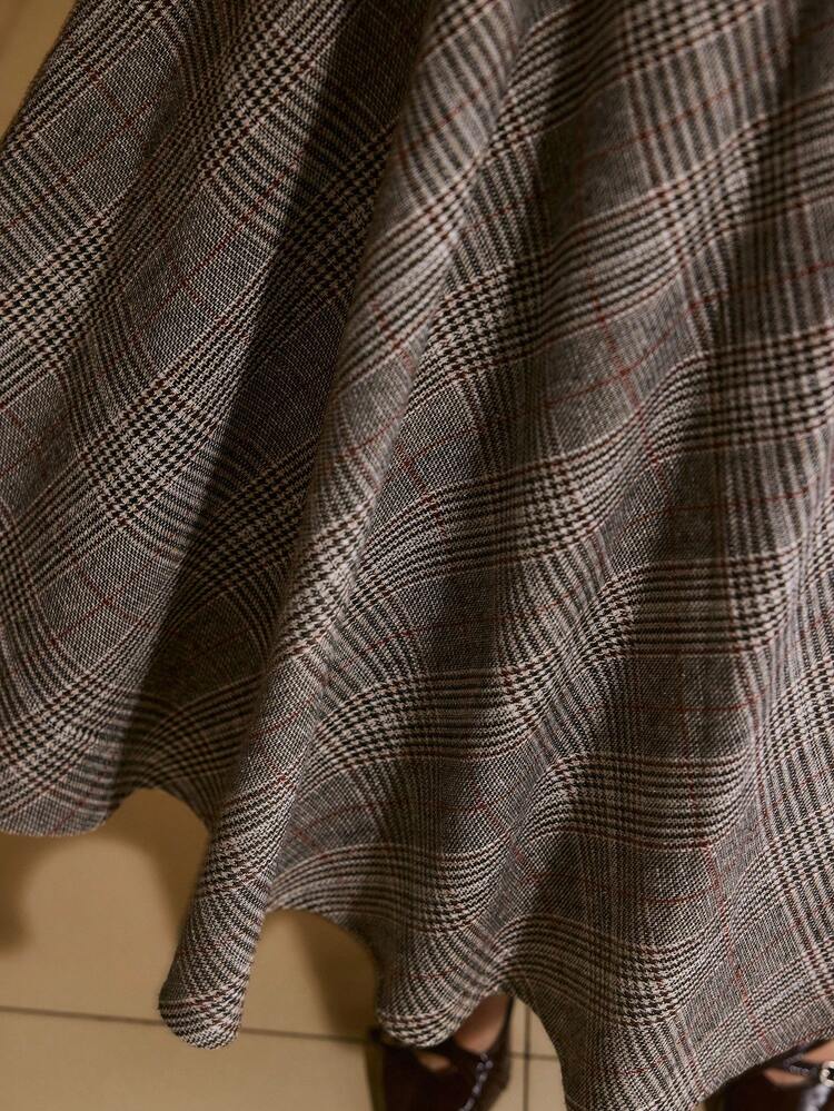 WOMEN'S HOUNDSTOOTH PLAID PRINT BELTED FLARE SKIRT, AUTUMN/WINTER