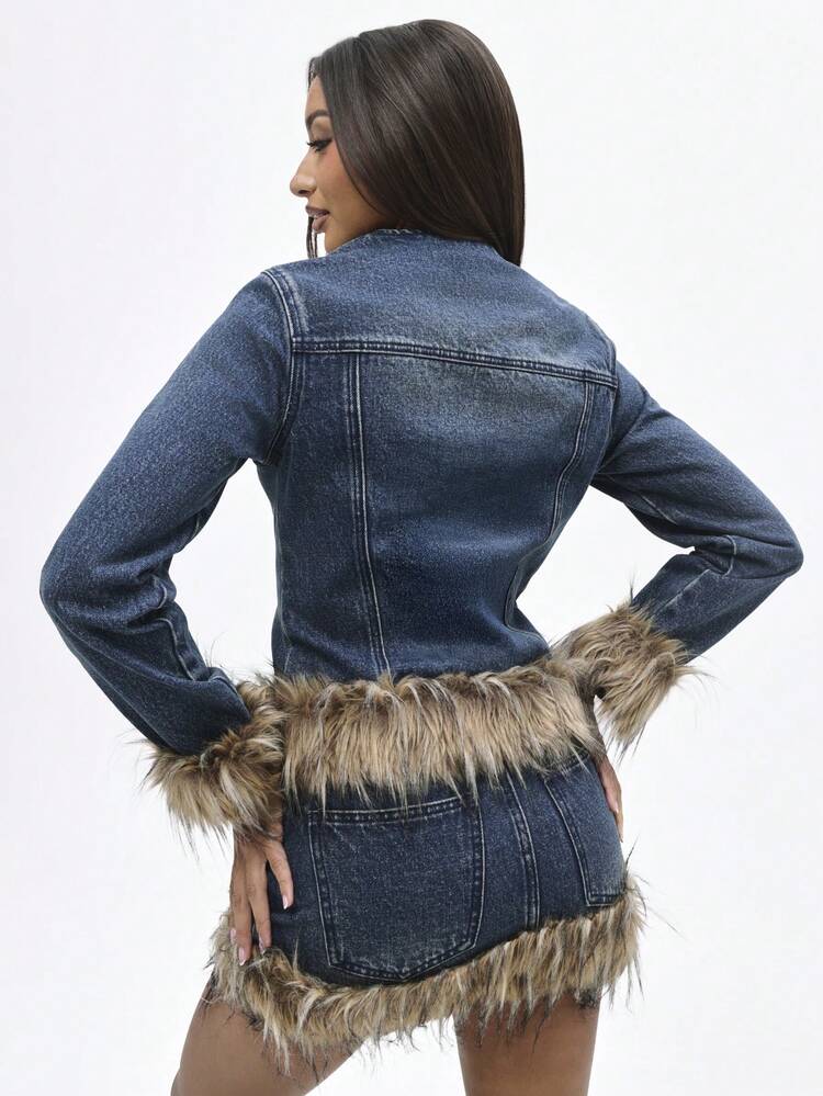 BABYPHAT Giacca di jeans ispirata allo stile vintage Y2K con dettagli in pelliccia ecologica, giacca corta invernale, capo di moda di