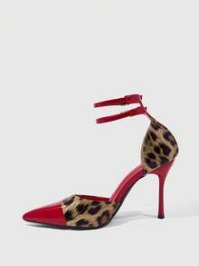 CUCCOO SZL Zapatos de tacón con puntera puntiaguda, estampado de leopardo y parches, elegantes y de moda para uso diario - Rojo - Ver 5