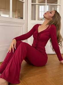 SHEIN 女士性感纯色弹力针织甜心领系带装饰长袖修身纽扣装饰睡衣套装，冬季服装 - 紅色 - 查看 7