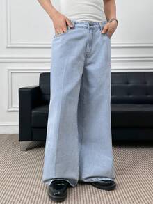 ESTAVOR Męskie jeansy z kieszeniami, luźne, szerokie, uniwersalne, casualowe - Niebieski - Zobacz 4