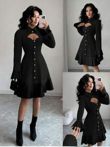 Elenzga Peplum Hem Splice Long Sleeve Short Dress - Black - View 6