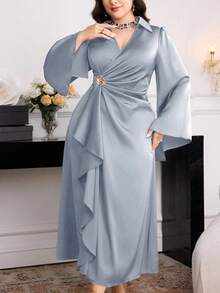 Modelyn Plus Size Elegant Party Solid Color Flare Sleeve Wrap Dress - Grey - View 3