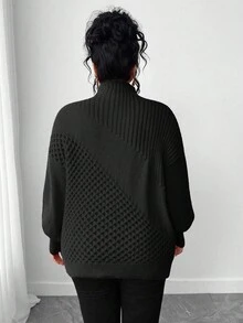 Elenzga Plus Size Women Solid Color Turtleneck Knit Pullover Sweater, Versatile For Daily Wear, Winter - Black - View 2