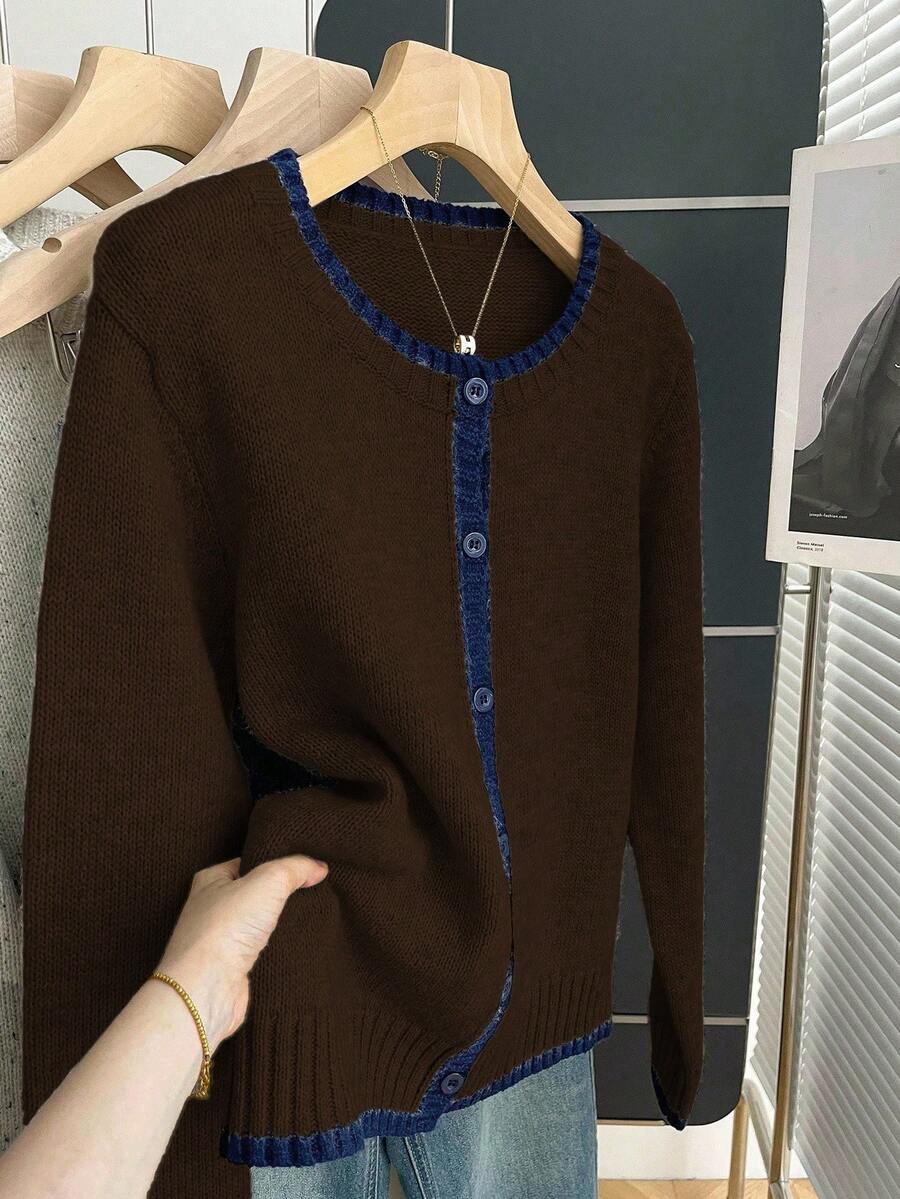 Franclia French Retro Loose Crew Neck Long Sleeve Contrast Trim Knit Cardigan For Women, Autumn/Winter - Brown - View 1