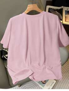 Resyla Chic Women's Baby Pink Short Sleeve Tee With Eye-Catching Bow Front Details Regular Length Knitted Round Neck - Baby Pink - View 2