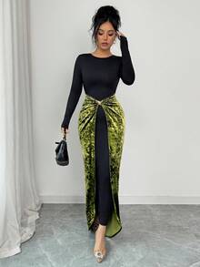 Elenzga Vestido de mujer con diseño de parche de estilo retro europeo y americano, cuello redondo, vestido de terciopelo estilizante de parche 2 en 1 con decoración de hebilla de metal en la cintura, dobladillo plisado irregular, elegante y exquisito vestido de fiesta de noche, vestido de manga larga, adecuado para mujeres de 20 a 35+ años para vacaciones, citas, galas