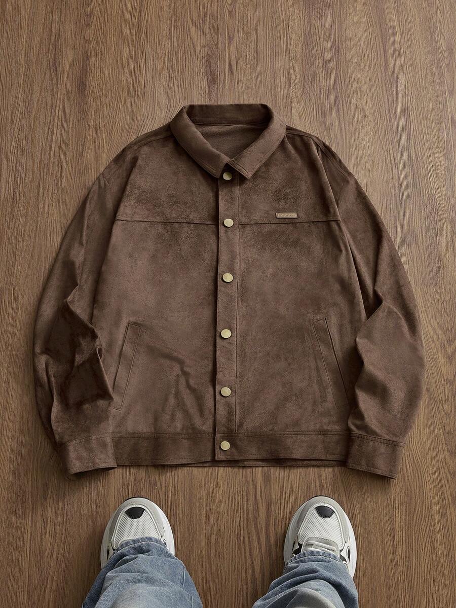 SWAVVY Áo khoác da lộn lông hươu thời trang nam, Áo khoác nam màu nâu cài nút mùa thu/đông, Áo khoác bomber màu mocha nam, Áo khoác vintage nam, Áo khoác sơ mi nam màu nâu. - màu nâu - Xem 1