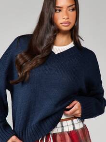 MISSGUIDED Cosy Oversized V Neck Layering Jumper Chunky Knit Sweater Long Sleeve Pullover Winter Fall Casual Comfort - Navy Blue - View 5