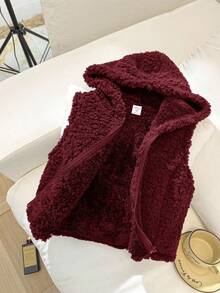 SHEIN 少女休闲街头风舒适双面抓绒连帽拉链短款无袖外套，酒红色