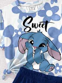 SHEIN Leap Crew Kawaii可愛卡通藍色兔子Lulu & Stitch圖案，藍色漸層花卉，青少年女孩休閒極簡短袖上衣與短褲2件套，適合夏季、戶外野餐、外出、街頭風、校園 - 彩色 - 查看 4