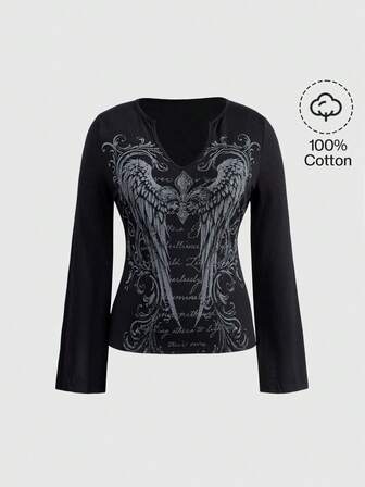 Plus Size Women Kpop Gothic Y2K Wing Iris Rhinestone Letter Graphic Crew Neck Black T-Shirt, Casual Everyday Wear Autumn/Winter, Gothic Style Black Tee For Christmas Season