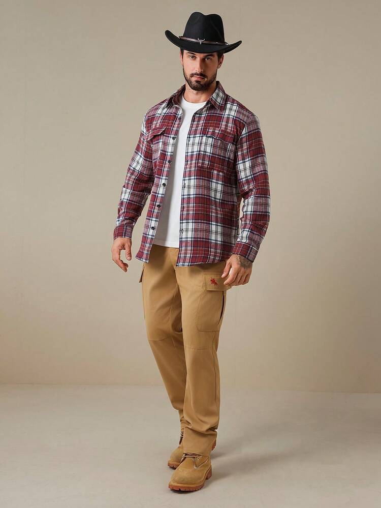 Manfinity Nomadique Men's Plaid Simple Casual Long Sleeve Shirt Flannels For Men Mens Plaid Men Red White And Blue Shirt Western Shirt For Men Mens Country Shirts - Red - View 3
