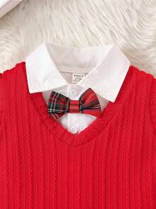 Souflis Souflis 男婴三件套V领毛衣背心，搭配长袖衬衫和红色格子裤，优雅套装，适合圣诞节、派对和其他秋冬季场合。男婴秋季套装，休闲绅士风套装，婴儿男童套装，男婴服装，男童套装。