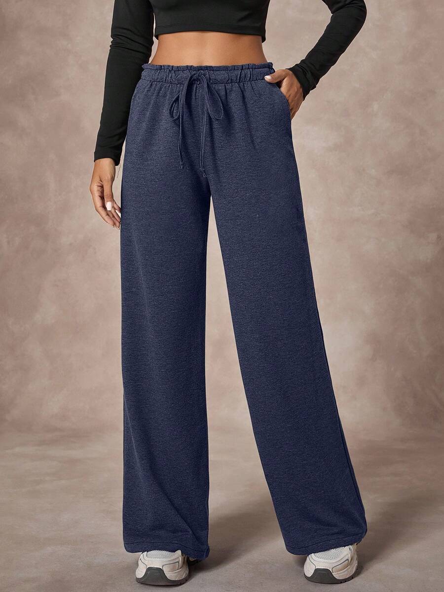 SHEIN Cottnline Women's Solid Elastic Waisted Drawstring Wide Leg Casual Sweatpants - Navy Blue - View 1