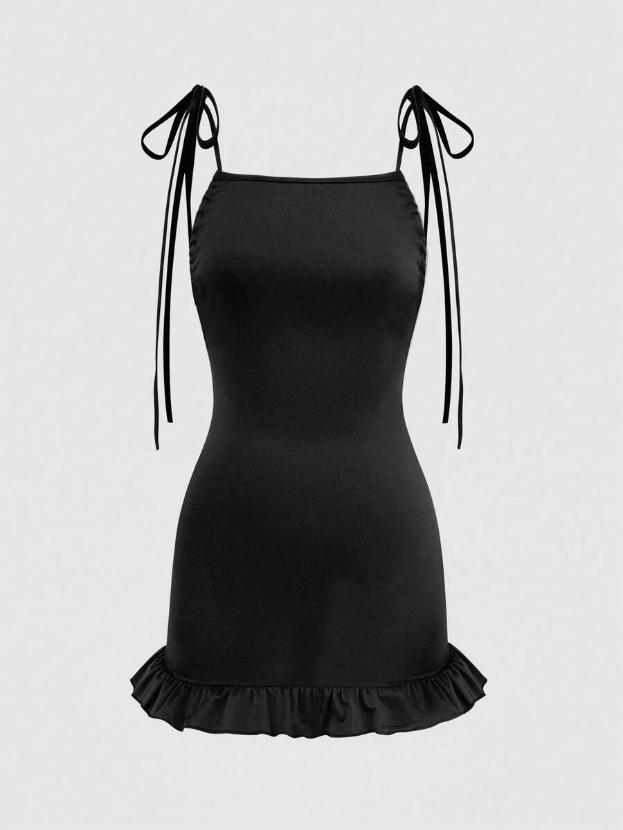 EgrlEra 女士夏季純色背部空心美人魚款短款背心裙 - 黑色 - 查看 1