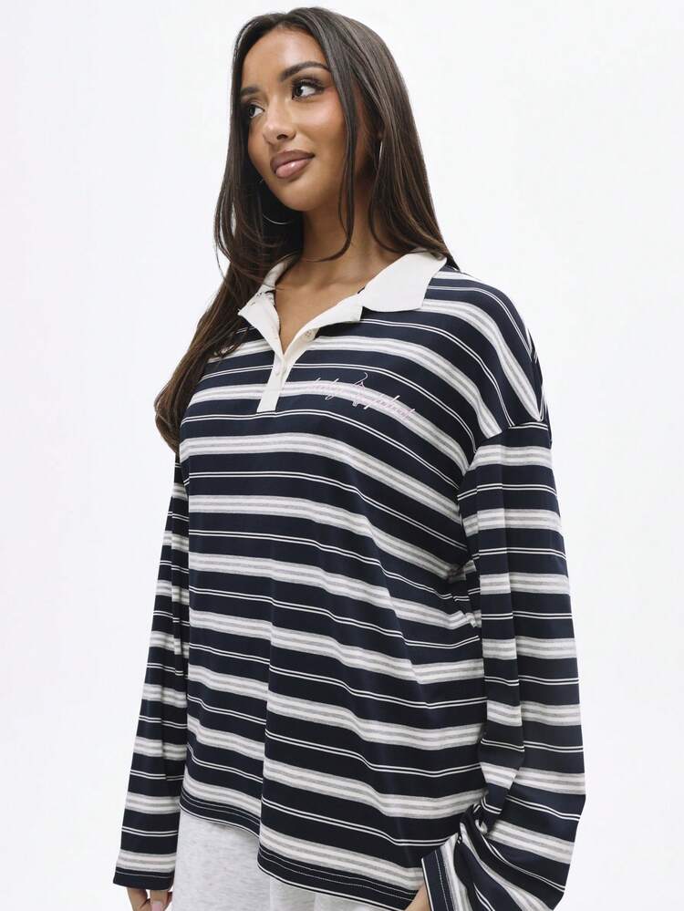 BABYPHAT Striped Rugby Long Sleeve Collared Polo Shirt With Chest Logo And Tie Front Detail For Autumn Spring