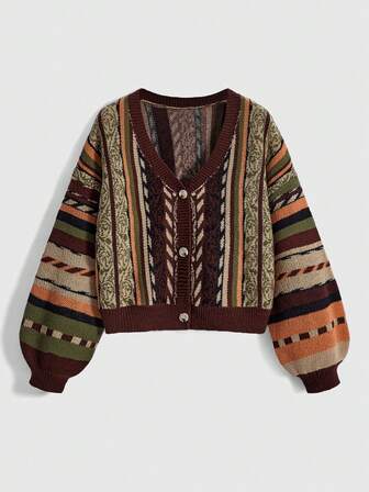 Chaqueta de punto a rayas con estilo fairycore en tonos tierra, suéter de estilo retro para mujer de talla grande, chaqueta de punto de talla grande para otoño/invierno, suéter vintage navideño para mujer