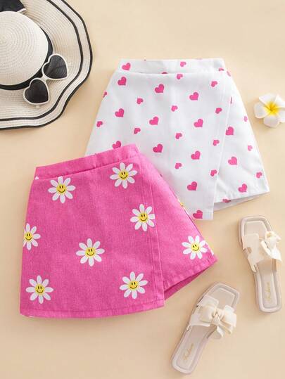 Elladie kids 2pcs/Set Girls Energetic Vacation Sunflower, Heart, Smiling Face Faux Denim Print Asymmetrical Shorts, Blue & Pink Combo, Suitable For Summer Outings