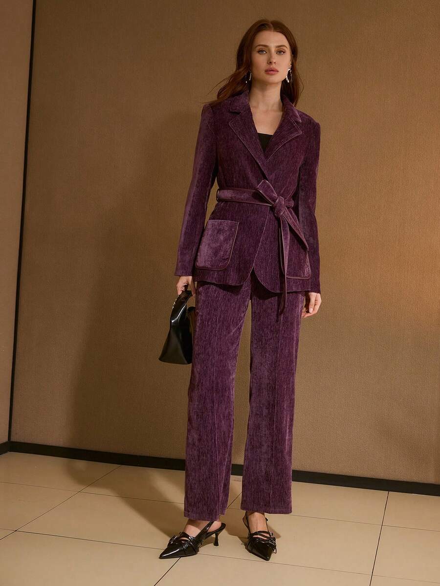 MOTF PREMIUM Blazer dengan kerah berikat dan trim kontras kulit PU. - Purple - View 1