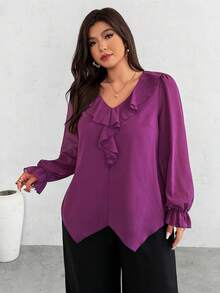 SHEIN Privé Plus Size Women's Solid Color Ruffle Collar Long Sleeve Loose Fashion Blouse - Purple - View 3