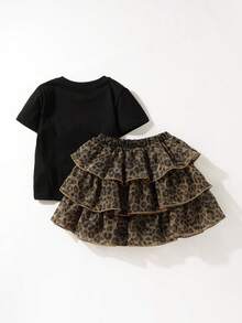 Maija Kids 女童黑色拼接豹纹短袖T恤和休闲裙套装 - 黑色 - 查看 2