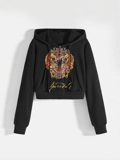 J-Fashion Y2K Crop Hoodie Jacket With Waist Drawstring, Tiger & Floral English Print