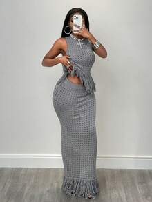 BamGleam 女士春秋季针织两件套半身裙，镂空无袖流苏设计，时尚性感，适合派对、度假、春夏穿着，套头款式，修身剪裁，女士春季套装，春夏服装，派对礼服 - 灰色 - 查看 6