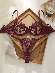 Red Violet Floral Sheer Lingerie Set For Women Sexy Spaghetti Strap Bra And Mini Shorts