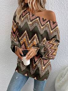 EMERY ROSE Women's Casual Off-Shoulder Wavy Striped Contrast Color Vintage Bohemian Print Sweater, Suitable For Autumn/Winter, Suitable For Outings, Street Style, Work Commute, Dates, Parties, Chic,Sweaters For Women