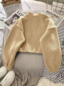 INAWLY Women Plush Long Sleeve Casual Loose Turtleneck Top, Korean Style - Khaki - View 2