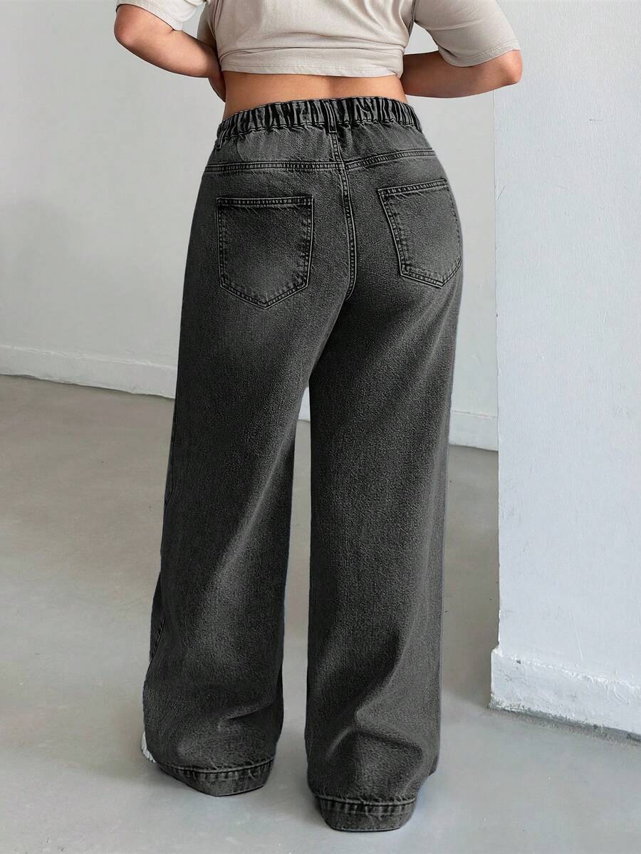 SHEIN Cottnline WOMEN HIGH WAISTWIDELEG CUTLINE PLUS SIZE JEAN - Dark Grey - View 1