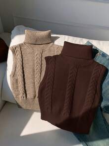 Comfortcana 2pcs/Set Casual Solid Color Turtleneck Sleeveless Knit Top, Versatile For Autumn/Winter - Multicolor - View 3