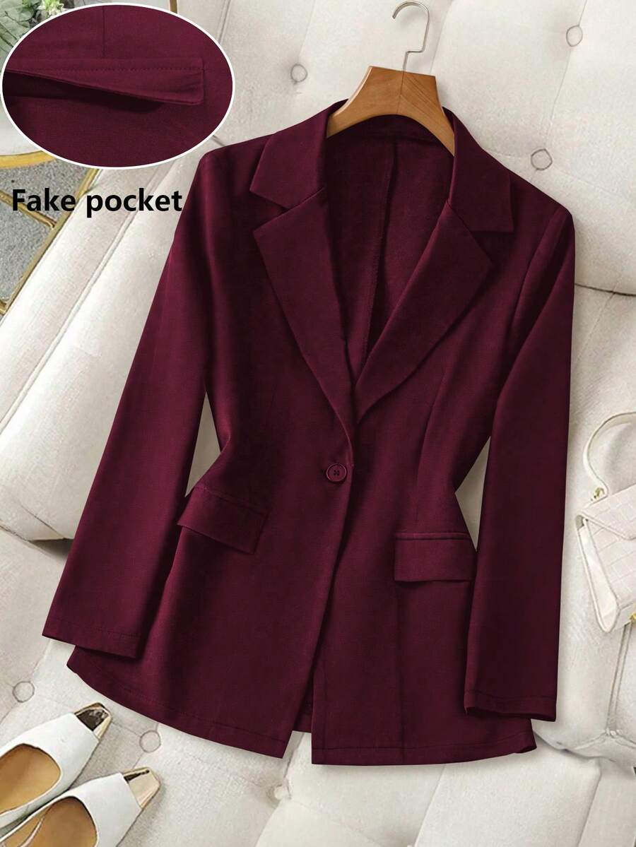 Franclia Petite 女士纯色单排扣收腰商务休闲通勤西装外套，适合娇小身材，秋冬季款 - 中紫紅色 - 查看 1