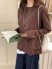 DAZY 女士休闲爱心印花圆领长袖T恤，春秋季 - 咖啡棕 - 查看 3