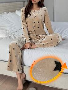 DAZY 2 pezzi Set pigiama donna con stampa a stelle in velluto, manica lunga e pantaloni, autunno/inverno - Cachi - Visualizzare 3