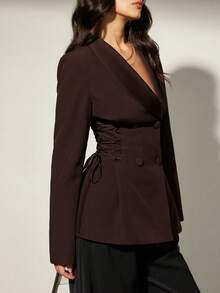 Aveloria Modichic 缎面拼接系带女士西装外套，优雅休闲夹克 - 酒紅色 - 查看 4