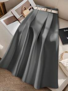 GlowEve CURVE 秋季大码纯色修身A字裙 - 灰色 - 查看 4