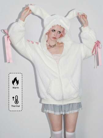 Kawaii Felpa da donna con orecchie da coniglio, fiocco, bordo in pizzo e decorazione a nastro