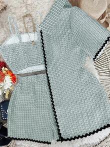 GlowEve Bộ 3 món đồ thu mới đi làm thanh lịch thường ngày trở lại trường đơn giản trang phục công sở: Áo khoác cardigan dài viền bèo nhún vải dệt nhiều màu, áo hai dây siêu ngắn, quần short ống đứng, dành cho nữ - Nhiều màu - Xem 2