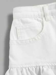 SHEIN MOD 女士休闲牛仔裙，纽扣腰身设计，荷叶边裙摆 - 白色 - 查看 3